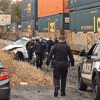 <p>The CSX train hit the vehicle at Columbia and Cortland avenues near the Bergenfield border around 8:30 a.m.</p>