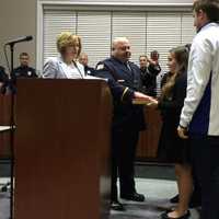 <p>Little Falls Mayor Darlene Conti swears in new Lit. Jim Minella Monday, Dec. 7.</p>