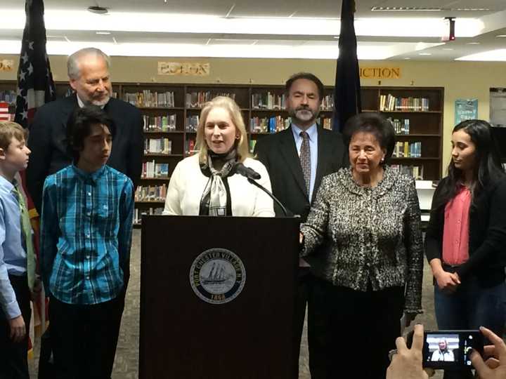 U.S. Sen. Kirsten Gillibrand, joined by Dr. Edward A. Kliszus (right rear), Port Chester’s Superintendent of Schools, Rep. Nita Lowey (right front), Dr. Allen Dozor (left), Maria Fareri Children&#x27;s Hospital.