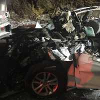 <p>A car involved in a multi-vehicle crash on I-95 north in Fairfield early Tuesday.</p>