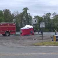 <p>At the scene of the body recovery along the Passaic River in Elmwood Park.</p>