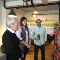 <p>Lt. Gov. Nancy Wyman visits with Becca Bryan, Luke Scott, Marcella Kovac and Jordan Rabidou at B:Hive Bridgeport.</p>