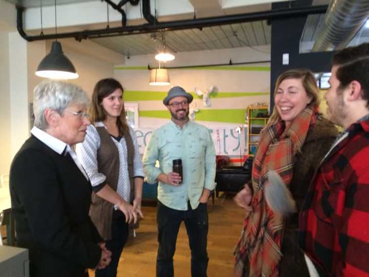 Lt. Gov. Nancy Wyman visits with Becca Bryan, Luke Scott, Marcella Kovac and Jordan Rabidou at B:Hive Bridgeport.