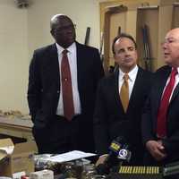 <p>State Rep. Charlie Stallworth (D-126), Mayor Joseph P. Ganim and Police Capt. Armando Perez announce Saturday&#x27;s arrest and seizure.</p>