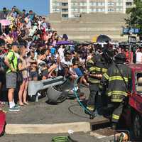 <p>Students receive a demonstration from the Hackensack Fire Department.</p>