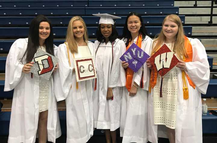 Briarcliff High School&#x27;s Class of 2018 graduates tipped their commencement caps to note the colleges they are attending in the fall. From left to right, are: Jill Reiner, Gabriella Lo Bello, Leila Miller, Kala Herh and Alexandra Steinberg.