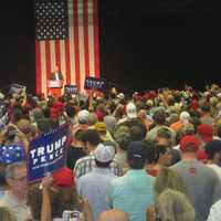 <p>Trump-Pence signs fill the gym at the rally at Sacred Heart University as Donald Trump rallies the crowd on Saturday night.</p>