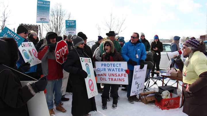 Residents gather and demonstrate their opposition to Bakken Oil Trains being transported over New Jersey bridges.