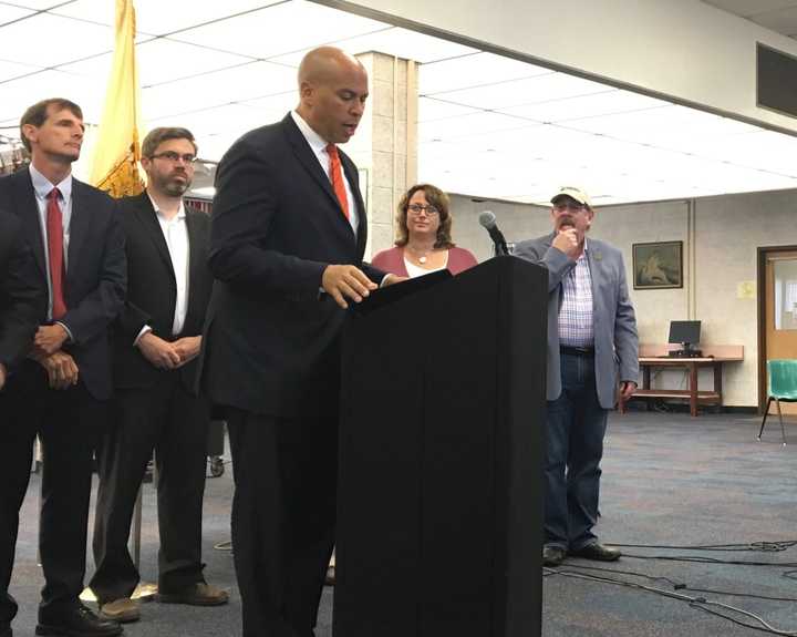 U.S. Senator Cory Booker introduces a new drinking water legislation at Hackensack High School Monday.