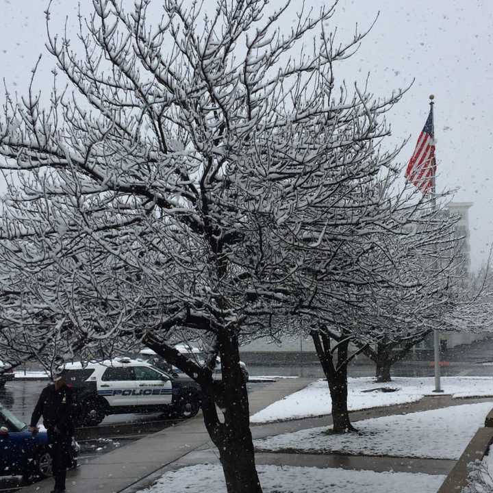 It was a snowy scene outside the Stamford Police Department on Friday.