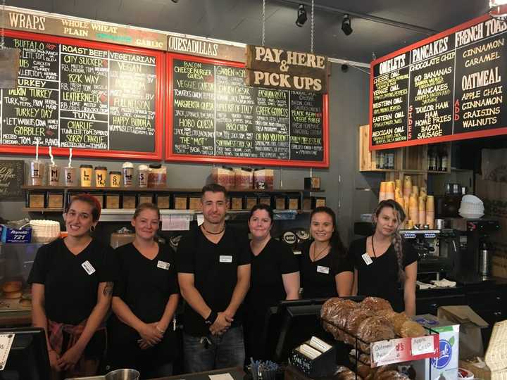 Scott Elfant, Center, and the employees of Caffe a la Mode.