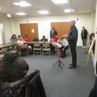 <p>Jim Isenberg, executive director of the North American Family Institute in New York, speaks to a group of Port Chester teenagers. Port Chester Police Chief Richard Conway, at right, also spoke to the high school students on Friday.</p>