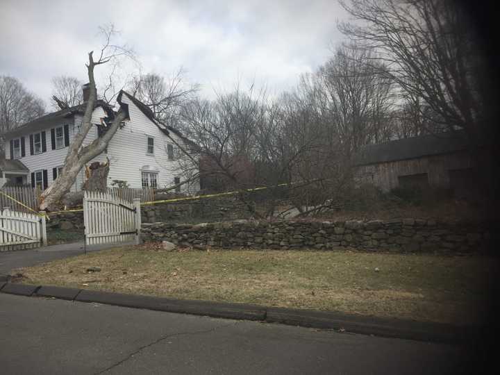 A large tree fell into this house on Grumman Hill Road in Wilton during the Nor&#x27;easter.