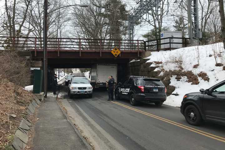 Low Clearance: Truck Gets Stuck Under Train Overpass In Fairfield