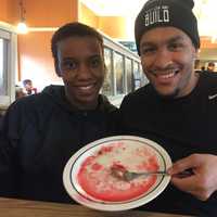 <p>Thomas Pierce of Hackensack and Amber Redmond of Maywood show off their clean plate.</p>