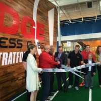 <p>Local dignitaries help Fitness Edge staffer celebrate their new location in Stratford.</p>