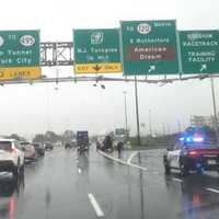 <p>Lights fell or were left hanging from the signs on eastbound Route 3 in East Rutherford.</p>