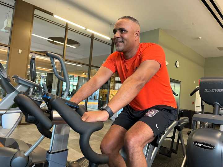 Chief Bergen County Prosecutor Jason Love before a spin class led by Paramus Deputy Police Chief Robert Guidetti as part of the Six Weeks of Wellness Challenge.