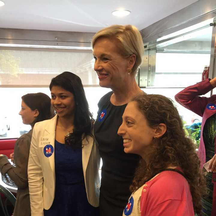 Cecile Richards poses with Clinton supporters in Stamford on Friday.