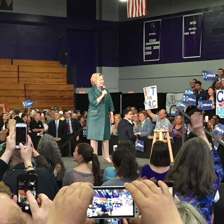 Hillary Clinton speaks at a campaign rally at the University of Bridgeport on Sunday.