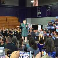 <p>Hillary Clinton arrives to speak to the crowd at the University of Bridgeport Sunday.</p>