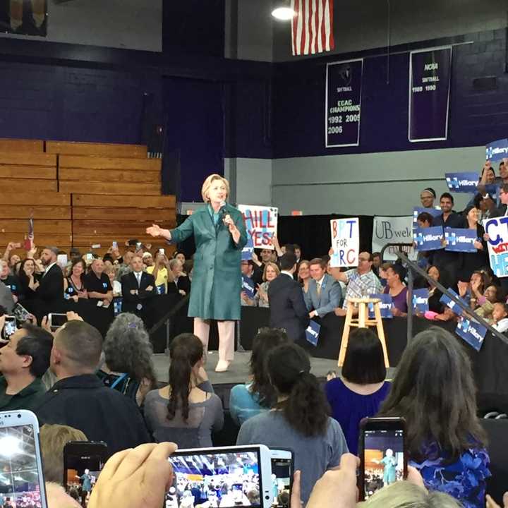 Hillary Clinton arrives to speak to the crowd at the University of Bridgeport Sunday.