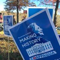 <p>Signage at the Hillary Pantsuit Flashmob in Chappaqua.</p>