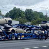 <p>Fleet of new Range Rovers on car carrier on northbound Route 17 in Paramus.</p>