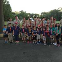 <p>Paramus scouts line up behind the the library.</p>