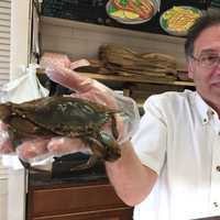 <p>Ciravolo and a soft shell crab — one of the few that remain in the store.</p>