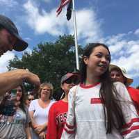 <p>Danbury High grads Alexandra Prendergast, who worked as Chris Murphy&#x27;s Senate Page,  and Anjali Pai, who attends Murphy&#x27;s alma mater of Williams College, join the crowd at Rogers Park.</p>