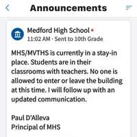 <p>An email from Medford High School Principal Paul D&#x27;Avella announcing the safe mode at Medford High School and Medford Vocational Technical High School</p>