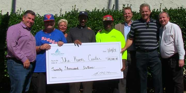 L to R:  Wheelabrator Plant Manager Brett Baker, street sweeper Howard Bloom, Keon Job Coach Carole Granese, street sweepers Brian Mitchell and Brian London, Robert McNamara, Wheelabrator Manager, Keon Employment Developer Joseph Conti, Bill Powers