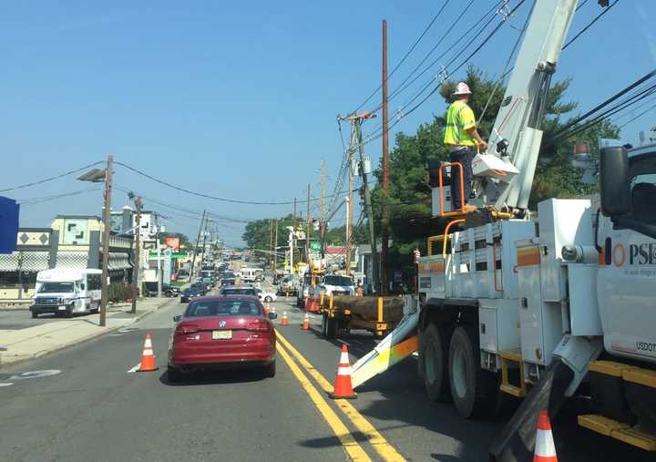 Pole work ties up traffic in Hackensack.