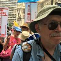 <p>Jan Barry of Teaneck, and the Coalition to Ban Unsafe Oil Trains, marches for clean energy in Philadelphia Sunday.</p>