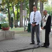 <p>Mayor Thomas Calabrese, the Rev. Willie Smith of Trinity Episcopal Church and Councilwoman Donna Spoto in Memorial Park.</p>