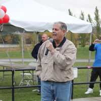 <p>Bergen County Executive James Tedesco speaks to the crowd before the TRACERS race. </p>