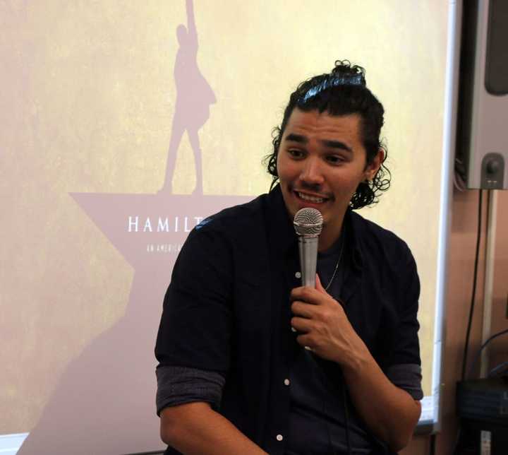 Anthony Lee Medina, who will appear on Broadway next month in the wildly popular musical &quot;Hamilton,&quot; speaks to theater students at Walter Panas High School. He advised them to find their own paths, yet never to forget where they started from.