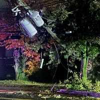 <p>The vehicle took out a utility pole before dawn Wednesday, Oct. 26, outside the Midland Park Post Office on Godwin Avenue.</p>