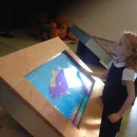 <p>Maeve Nelson, 4, of Norwalk, colors in a fish under the watchful eye of her grandparents, Dan and Sheila Kuhn of Danbury, at the interactive board at Norwalk&#x27;s Maritime Aquarium.</p>