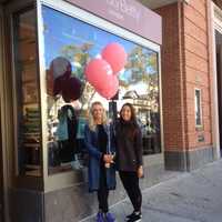 <p>Philly Smith, manager, and Chelsea Oarr, supervisor, in front Sweaty Betty on Greenwich Avenue on Thursday for Go For Pink in Greenwich.</p>