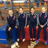 <p>Darien YMCA Level 4 gymnasts Ava Licata, Anna Altier, Tanner Generoso, Lindy Mueller and Sophie Root were all smiles before the competition at the New England Invitational.</p>