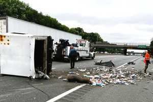 CRUSH HOUR: Sweeper Truck Tips, Spills Trash Onto Route 80