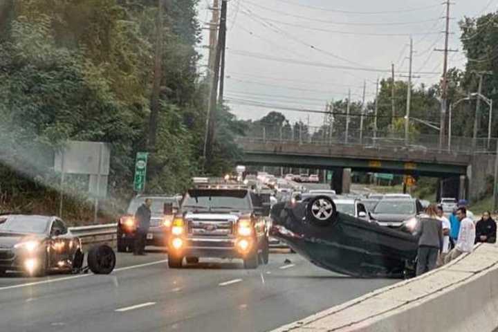 Driver Climbs Out After Rollover During Multi-Vehicle Crash On Route 208