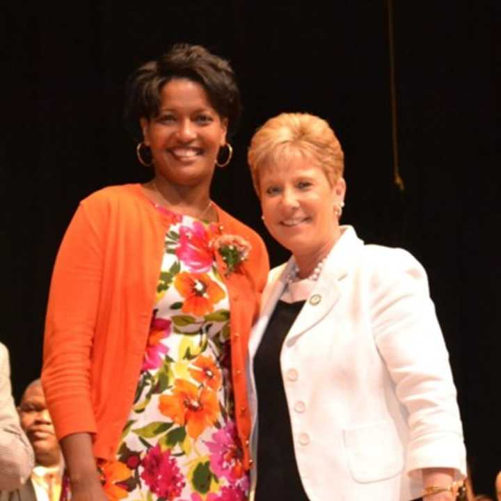 Jahana Hayes, with Superintendent of Schools Kathleen M. Ouellette, is a finalist for National Teacher of the Year.