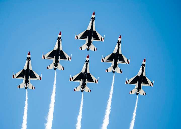 The Thunderbirds Delta Formation performs the Delta Opener during the Jones Beach Air Show, May 23, 2015, at Wantagh, N.Y.