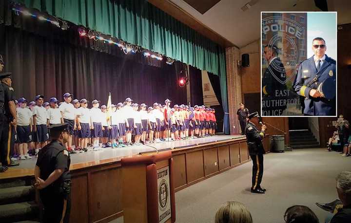 The 22nd East Rutherford Junior Police Academy graduates. INSET: Retiring Police Chief Larry Minda