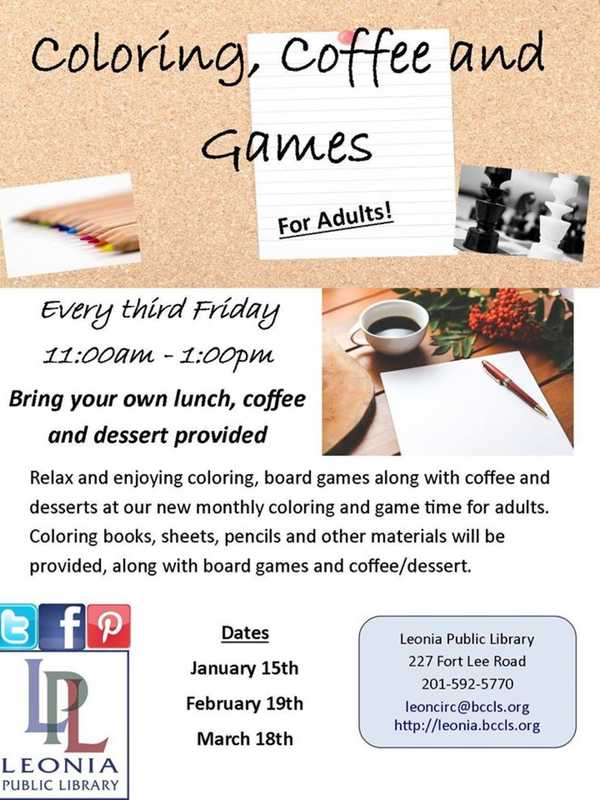 Leonia Library Organizes Board Games, Coloring For Grown-Ups