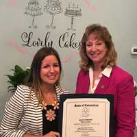 <p>State Rep. Laura Hoydick with Lovely Cakes owner/baker Renata Papadopoulos</p>