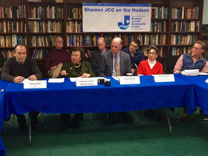 Monday&#x27;s roundtable discussion on bomb threats against JCCs - From left, Tarrytown Mayor Drew Fixell; Congresswoman Nita Lowey; JCC On The Hudson Executive Director Frank Hassid; and JCC On The Hudson Board Member Susan Tolchin.